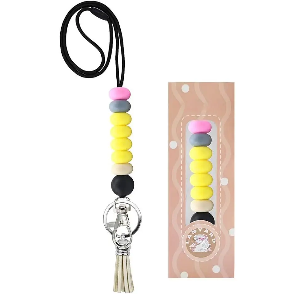 Beaded Breakaway ID Badge Lanyard, Adjustable Length Lightweight Lanyard with Stainless Steel Keychain & Clasp for Women Teachers, Office Workers (Yellow)