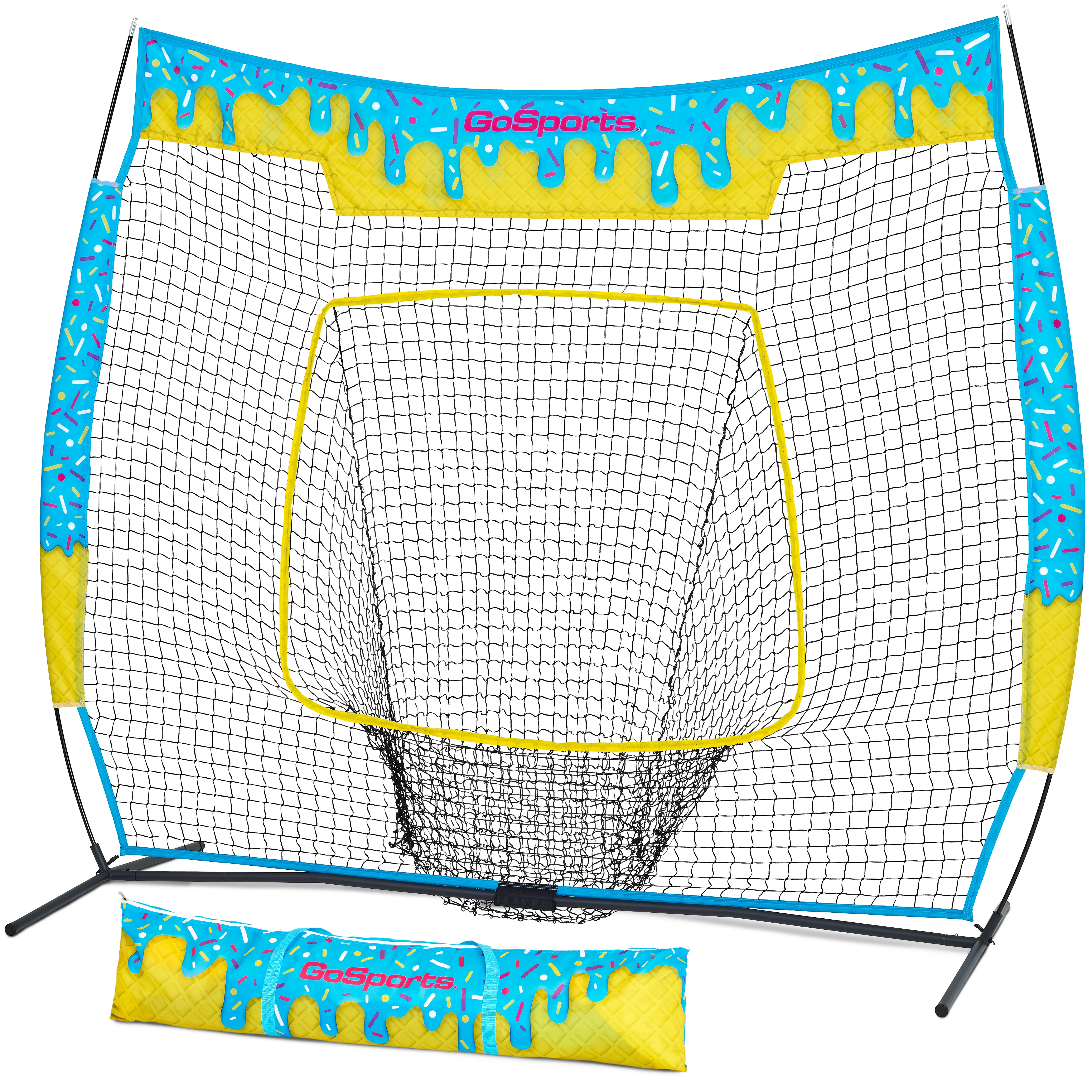 GoSports 7 x 7 ft Ice Cream Drip Baseball & Softball Batting Net with 2 Batting Weights- Full Size Hitting & Pitching Practice Net with Strike Zone, 2 Pack Baseball Drip Bat Weights - 16 oz & 12 oz