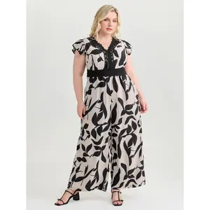 BLOOMCHIC Plus Size Leaf & Flower Lace Waist-Defining Jumpsuit Overalls - Spandex Fit Fabric, Sleeved, Pocket-Equipped, [M-6X]2026 Summer Vibes