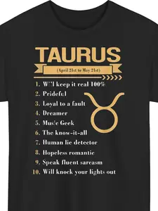 Men's Taurus Zodiac Sign 100% Cotton T-Shirt - Black Casual Tee with Golden Astrological Chart & Fun Facts, Short Sleeve Crew Neck, All-Season Wear, Casual Wear Tee Playful Design Digital Hea