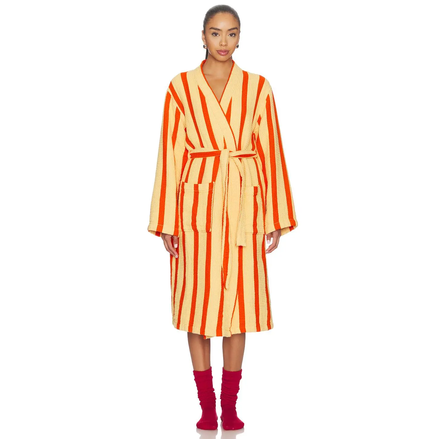 Dusen Dusen Waffle Bathrobe in Red & Orange Stripe Dusen Dusen Waffle Bathrobe in Red & Orange Stripe