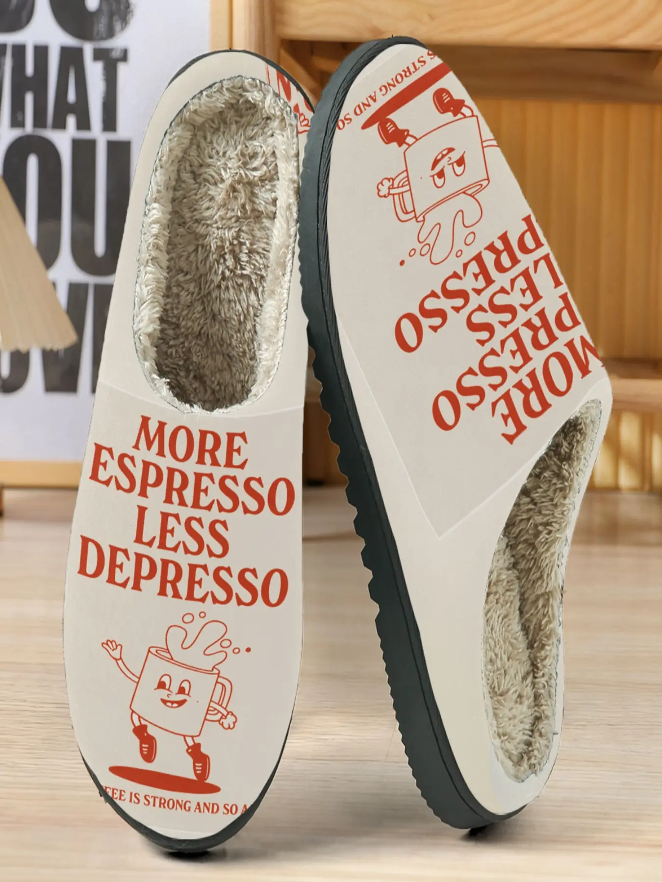 Coffee Theme Fun Cotton Slippers, Light, Creative Elements, Cartoon Coffee Cup Design, Casual Home Wear, Soft Plush Lining