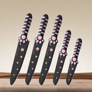 MEOWKIT 5-Piece Knife Set Without Detachable Block – Nonstick Coated Blades (Black & Pink)