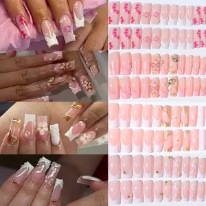96pcs Box Medium Long Square Nails Summer Nude French Glossy Tips, Glossy Fake Nails, 3D Gel Petal Design with Pearls, Acrylic False Nails for Women Girls