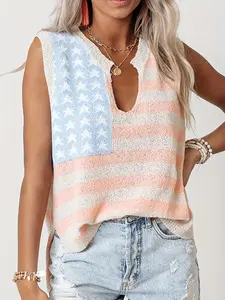 Women's V-Neck Knitted Sweater Vest, Fitted Casual American Flag Print Top, Spring Summer Fall Fashion, Daily Wear Essential, Womenswear