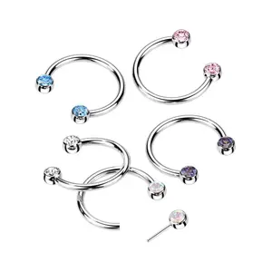 Horseshoe Circular ring With Forward Facing Bezel Set CZ Ends Implant Grade Titanium Threadless 16 Gauge good for Nose Septum Ear and most piercings