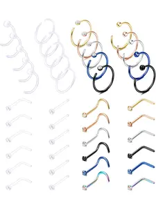 44Pcs 20G Stainless Steel Nose Ring Hoop & L Screw Nose Studs Set, Ear Lip Nose Piercing Jewelry, Clear Nose Rings Septum Rings for Women Men