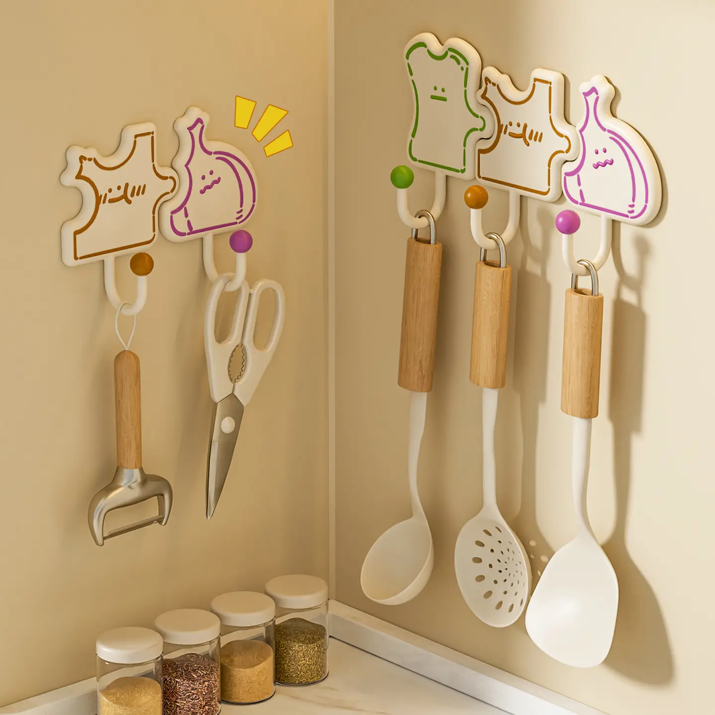3Pcs Kitchen Wall Hooks with Wooden Handles and Colorful Designs for Organizing Utensils and Tools
