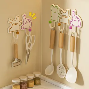 3Pcs Kitchen Wall Hooks with Wooden Handles and Colorful Designs for Organizing Utensils and Tools
