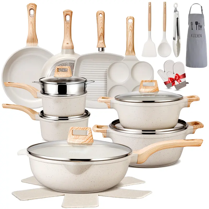 Dealsforyoudays 27PCS Pots and Pans Set, Nonstick Ceramic Cookware Set, Healthy Kitchen Cooking Set with Gloves, Apron, Silicone Tools & Pot Protectors, Oven & Dishwasher Safe, PFOA/PFOS Free,Ivory