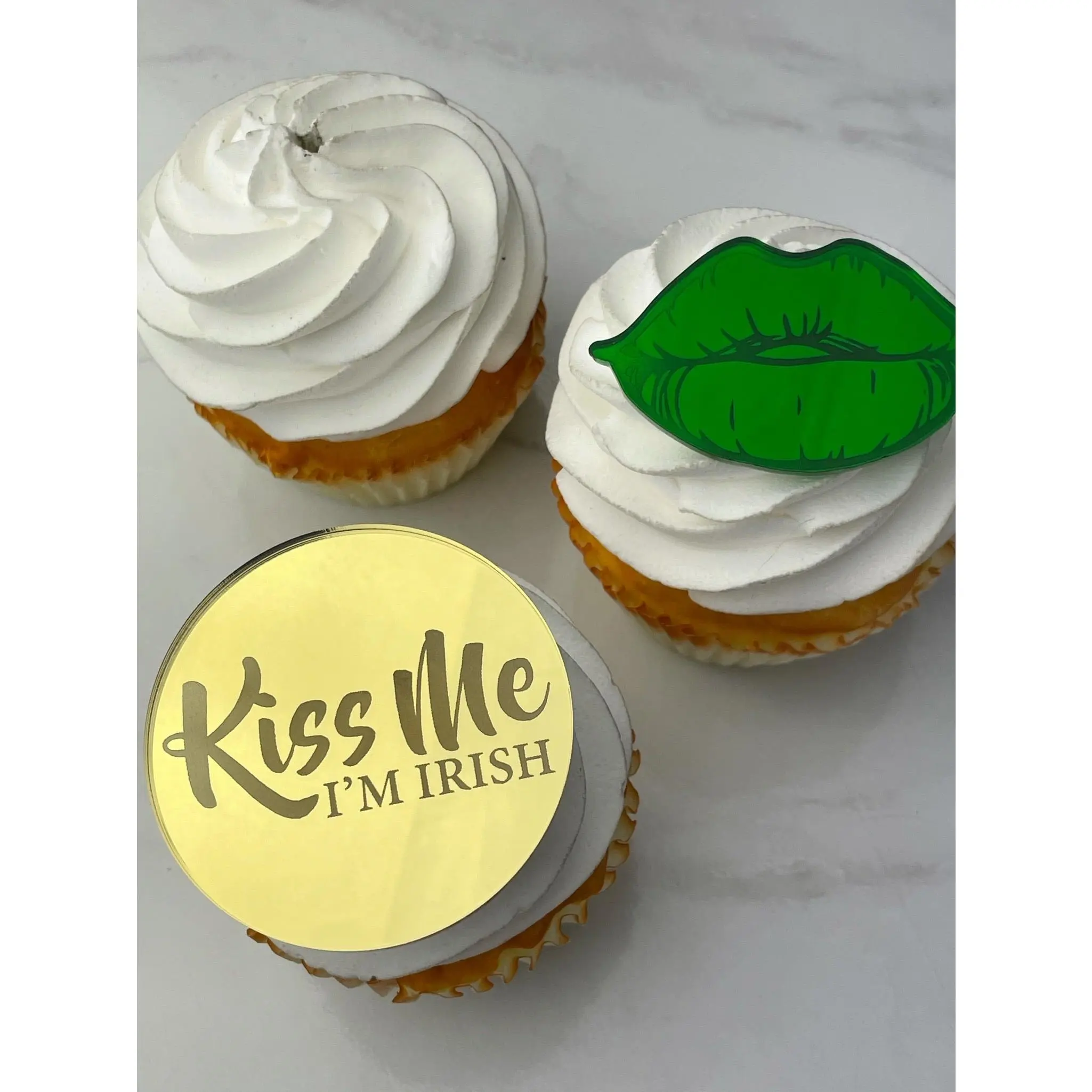 Cupcake Acrylic Charms/Toppers - Kiss Me I’m Irish Rounds & Green Mirror Lips (Set of 3 Kiss Me Rounds & 3 Lips) |St. Patty's Day|