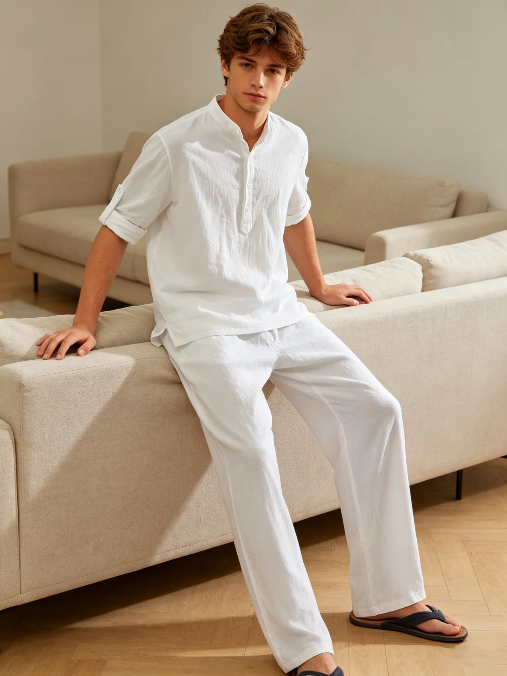 Men's Plain Casual Outfit 2-Piece,Long Sleeve Stand Collar Henley Shirt & Loose Drawstring Pants with Pockets for Summer Beach, Clothes, lain Look Menswear, Fashionable Casual Men's Loungewear Set, Comfy, Elastic, Buttons, Basics, Holidays