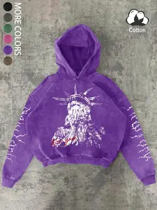 Men's and women's fashion styles featuring trendy Fitted hoodies with a Gothic theme, Stylish, featuring a Graphic image of a veiled Statue of Liberty with an embroidered pattern, vintage-style, distressed cotton with snowflakes, streetwear