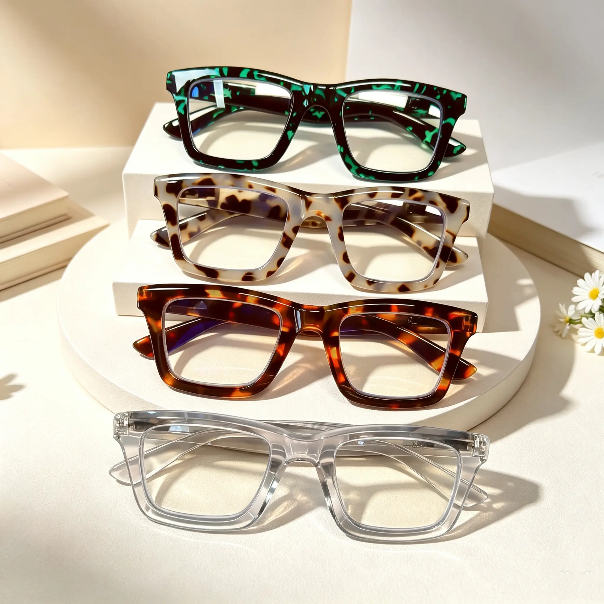 Unisex 4-Pack Full Rim Square Oversized Frame Blue Light Reading Glasses Multi-Focus Resin Lenses Spring Hinges Eye Strain Relief for Home Office & Commuting Stylish Gift Pack, Blue Light Blocking Lens, Plastic, Statement Frame Glasses