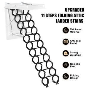 Areyourshop Upgraded 11 Steps 3M Folding Attic Ladder 39.4x27.6" Sturdy Alloy Steel Anti-Slip Pedal Non-Slip Feet Foldable Design for Attics Lofts