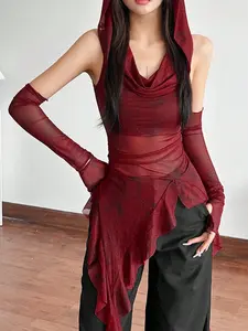 Sleeveless Mesh Top Fitted Streetwear Hooded Solid Color