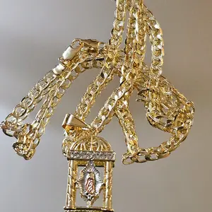 N77-Cuban Twist 4mm 24-inch Diamond Cut Style Gold Laminated Chain with Tricolor Virgen of Guadalupe Pendant for Men and Women not water resistant