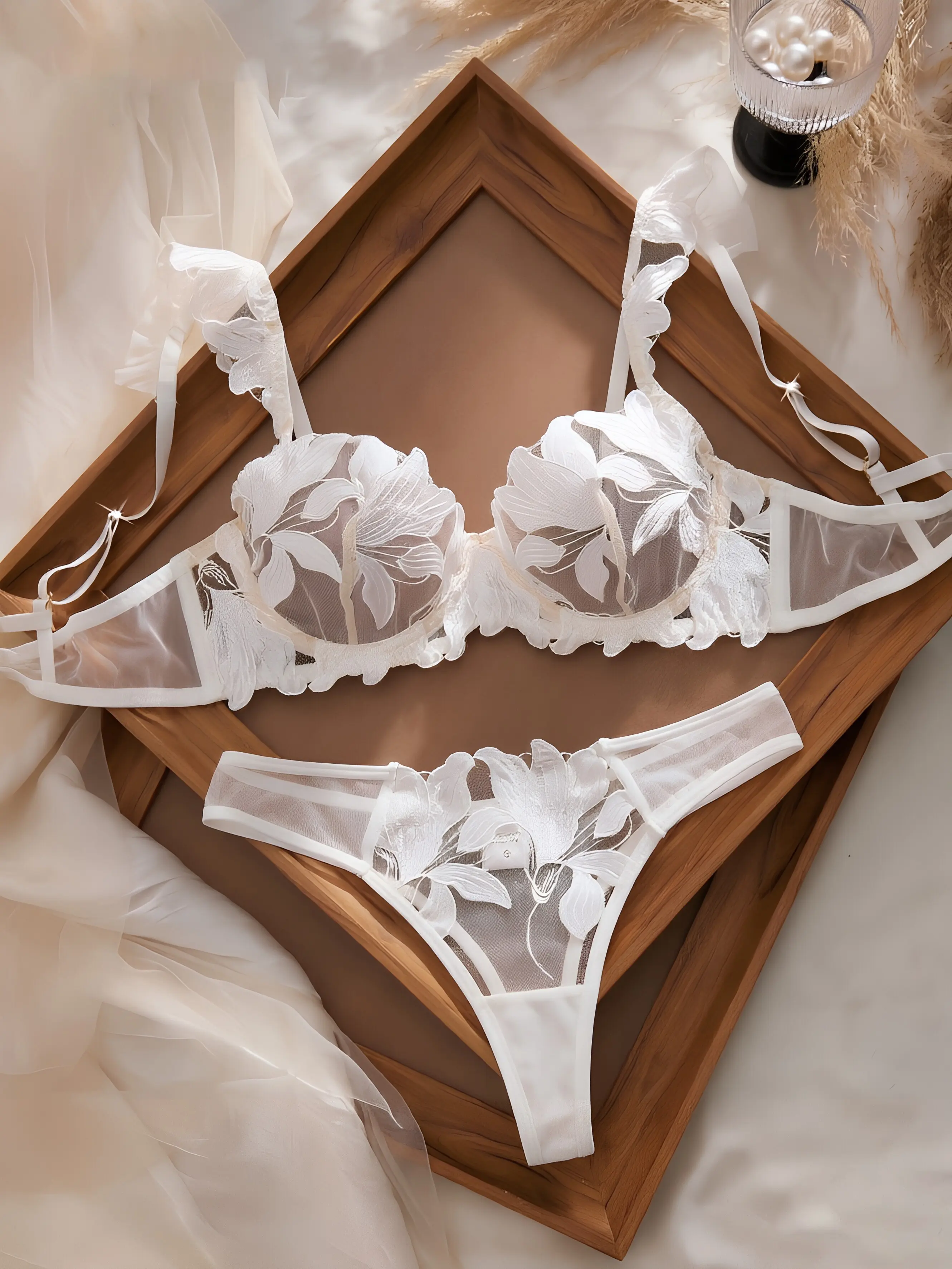 Women's Elegant White Lace Lingerie - V-Neck, Floral Print, Transparent, Chic & Alluring Underwear for Hand Wash