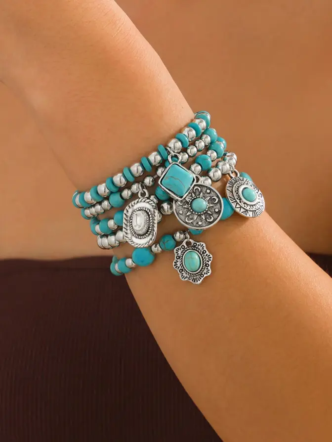 5PCS Bohemian Style Faux Beaded Bracelet Set for Women | Vintage Layered Stackable Bracelets | Fashion Everyday Beach Vacation Festival Jewelry | Thoughtful Gift