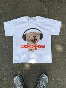 Unisex Letter & Cat Print Round Neck Tee, Street Fashion Casual Short Sleeve T-shirt for Daily Wear, Unisex Clothes for Summer