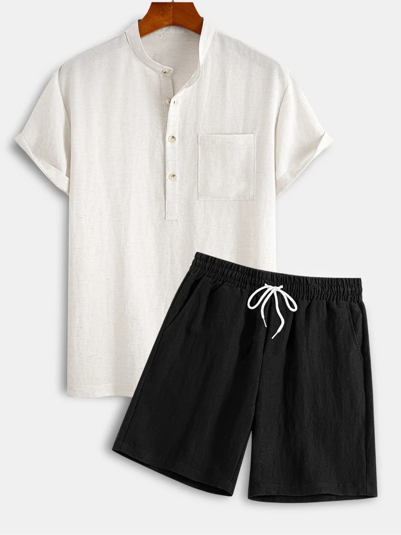 Men's Premium Casual Linen Blend Band Collar Henley Set, Breathable Short Sleeve Shirt & Linen Blend Shorts, 2 Piece Lightweight Summer