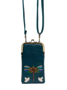 Women's Teal Wallet with Dragonfly Embroidery & Floral Accents Essential Accessories No Warranty