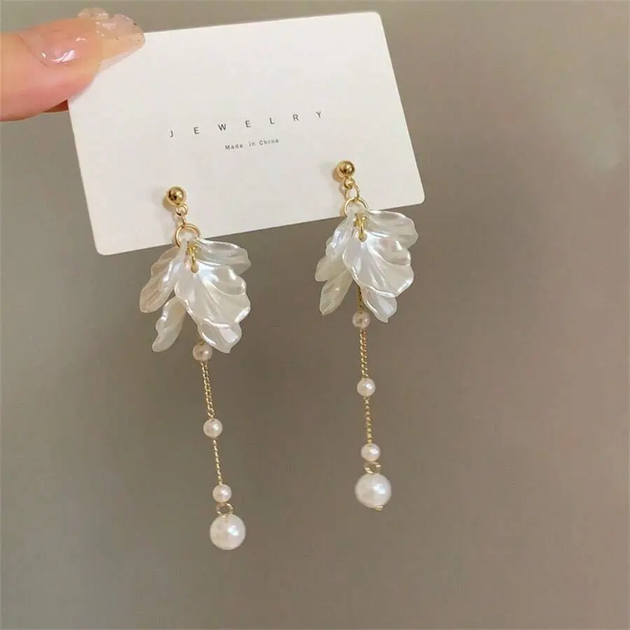 Korean Style Floral Faux Pearl Chain Dangle Earrings, Elegant Sweet Girl Ear Accessories