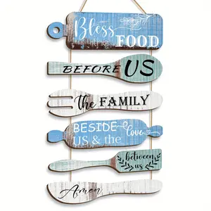 1set  Bless The Food Before Us Sign Wooden Pendant Set - Blue Vintage Kitchen Decor for Cooking Enthusiasts & New Home Gifts - Hanging Hangable Ornaments Decoration Wall Christmas Paint