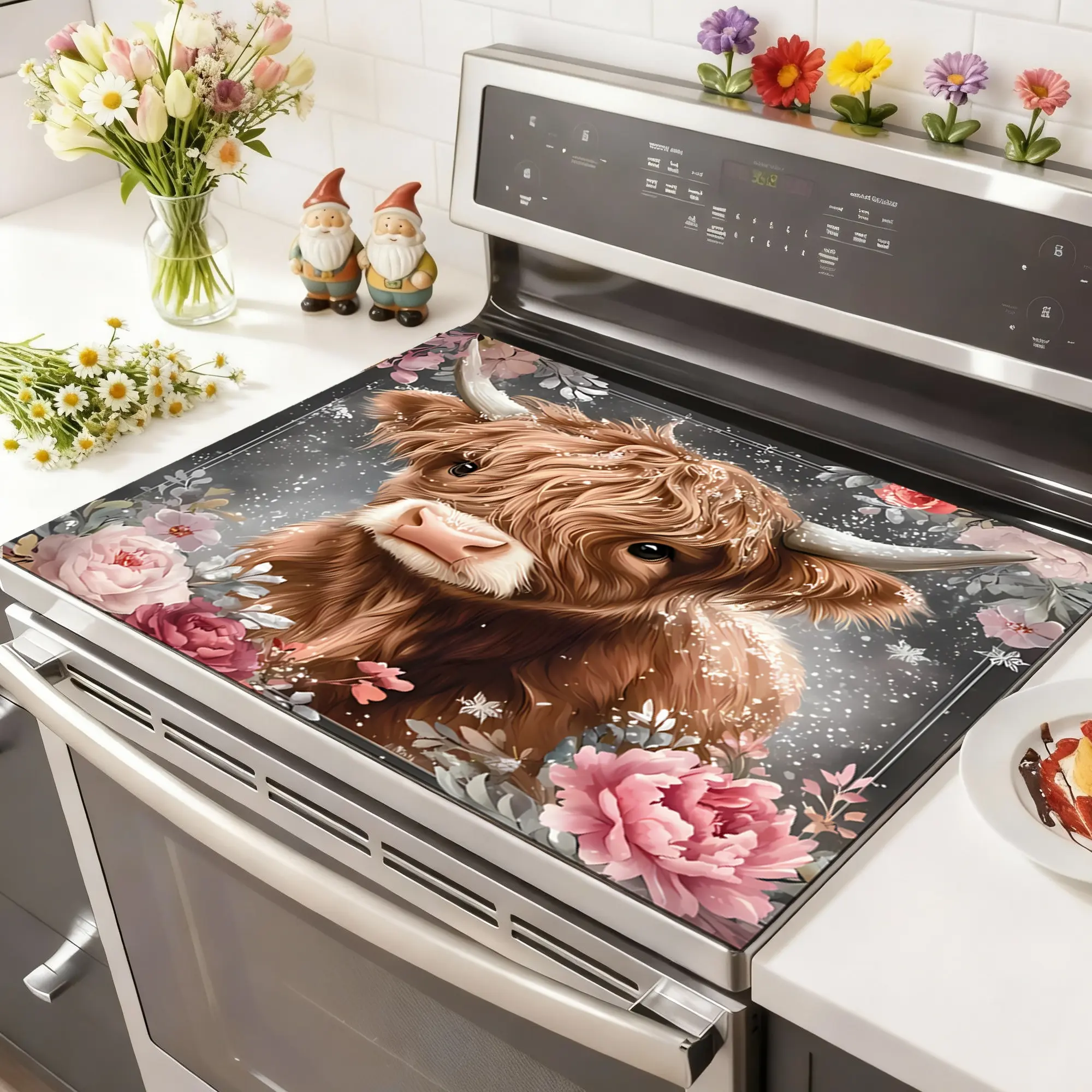 Soft Electronic Stove Panel Protector Pad, Cow Flower Pattern Design, Scratch Resistant, Easy to Clean, Multi-Purpose Home Kitchen Cover