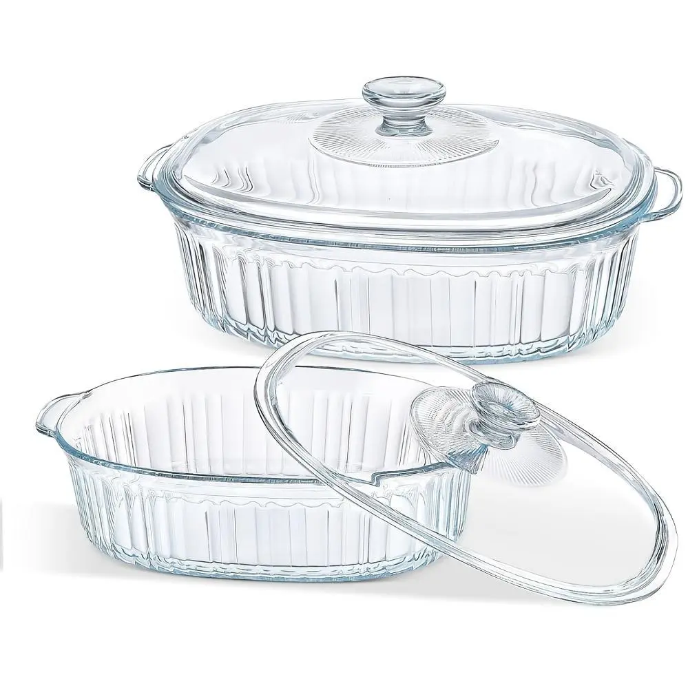 Elegant Glass Casseroles with Lids Set, Ribbed Oval Roaster, Transparent Covered Cookware, Versatile Deep Glass Food Containers, 50oz & 85oz, for Baking, Cooking, Oven & Microwave Safe, with Ideal for Desserts, Chicken, Pasta, for Holidays
