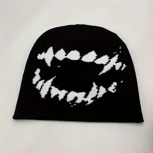 Unisex Warm Beanie Skull Cap with Tooth Graphic Black & White Elastic Knit Hat Hip Hop Style for Women and Men Trendy and Comfortable Winter Headwear Machine Washable