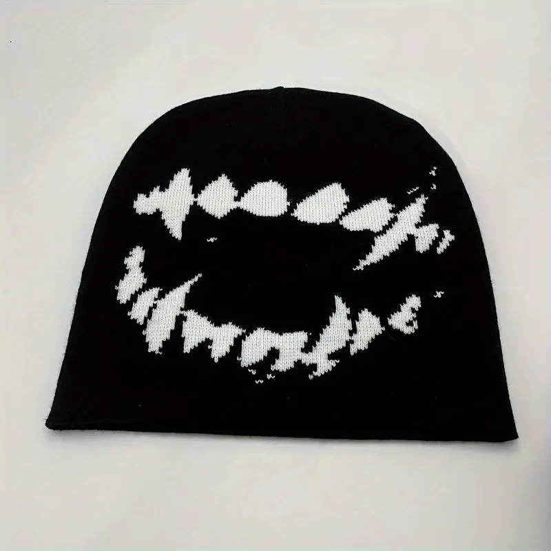 Hip Hop Bone Graphic Knitted Beanie, Unisex Winter Hat in Black & White, Adjustable Size & Machine Washable