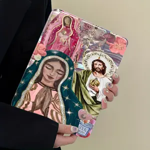 Aesthetic Pink Our Lady of Guadalupe iPad Case, Jesus & Floral Gold Print Protective Cover with Trifold Stand Auto Wake/Sleep,Transparent Acrylic Hard Back, Shockproof Scratch Resistant, Fits 10.2/10.5/10.9/12/13in, Ideal for Office School Home