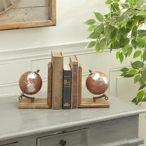 Set of 2 Globe Brown Wood Decorative Bookends