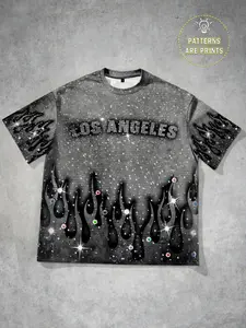 Los Angeles Starry Sky Flame Short Sleeve Round Neck T-Shirt for Men with Diamond Print, Geometric Design for Men and Women, European and American Streetwear Cool Casual Summer Party Nightclub Full Print