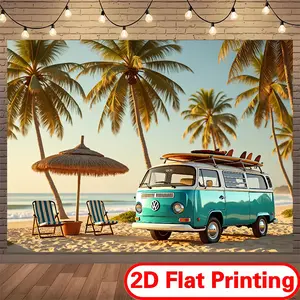 2D Flat Printed Polyester Beach Backdrop Banner, Party Decoration Supplies, Vivid Palm Tree, Surfboard & Beach Chair Designs, Outdoor Use for Camping & Picnic Events