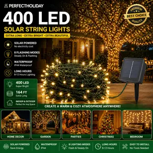 Perfect Holiday Solar String Lights 400 LED Energy Saving Waterproof Outdoor Indoor Flashing Modes Green Wire Warm White