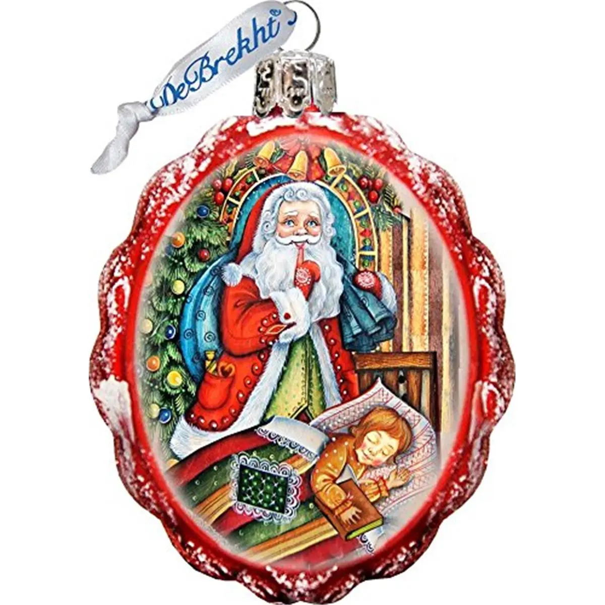 GDeBrekht 773023 Traditional Classic Russian Fedoskino Holiday Christmas Night Glass Ornament - Satin-Transparent Painted Design, 3x1x3.5in Ribbon-Accented Luminous Tree Decoration, Iridescent Golden Gift in Box