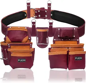 FUERI 19 Pocket Leather Tool Belt,Comes with Padded Belt, Big Pouches, Hammer Holder and Suspender loops, Ideal for Construction Workers, Carpenters and Electrician.