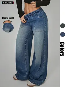 Women's Elastic Waist Wide Leg Jeans, Perfect Fit for All Body Types, Large Pockets for Practicality and Street Style, Ideal for Daily