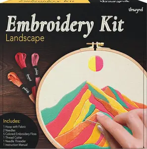 Embroidery Kit Landscape Theme for Beginners, Satin Stitch Hand Embroidery Kit for Adults, Easy DIY Crafts, Starter Set with Mountain Sun Pattern