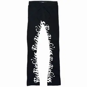 Rue Stacked Joggers - Black Sweatpants with White Ruereckless inner leg Print for style. Comfortable Everyday Wear.