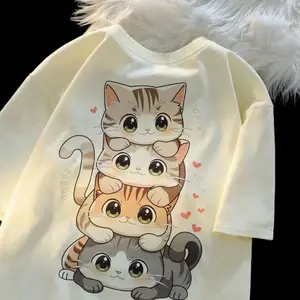 Cute cartoon cat print women's round neck short-sleeve T-shirt, casual and fashionable versatile summer top, women's clothing, gift for cat lovers, holiday gift