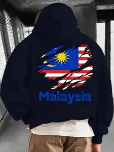 1PCS casual hoodie with kangaroo pocket, suitable for daily wear and outdoor sports, perfect for autumn and winter. It's a trendy fleece-lined graphic print hoodie with Malaysia national flag prints on the front and back.