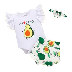 Baby Girls Romper Set, Fly Sleeve Avocado Print Romper Elastic Waist Shorts with Hairband
