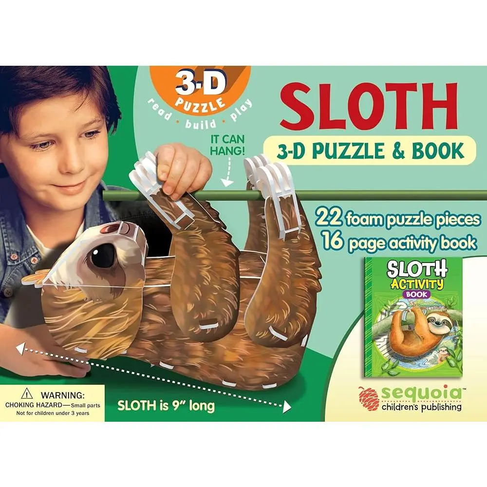 3-D Sloth Animal Puzzle & Book Set - 22 Foam Pieces, 9" High Learning Toy for Boys, Boosts Motor Skills & Child Development, Complete Jungle Activities, Family Activity, No Glue Necessary, Strategic Planning, 3-D Puzzle & Book Set