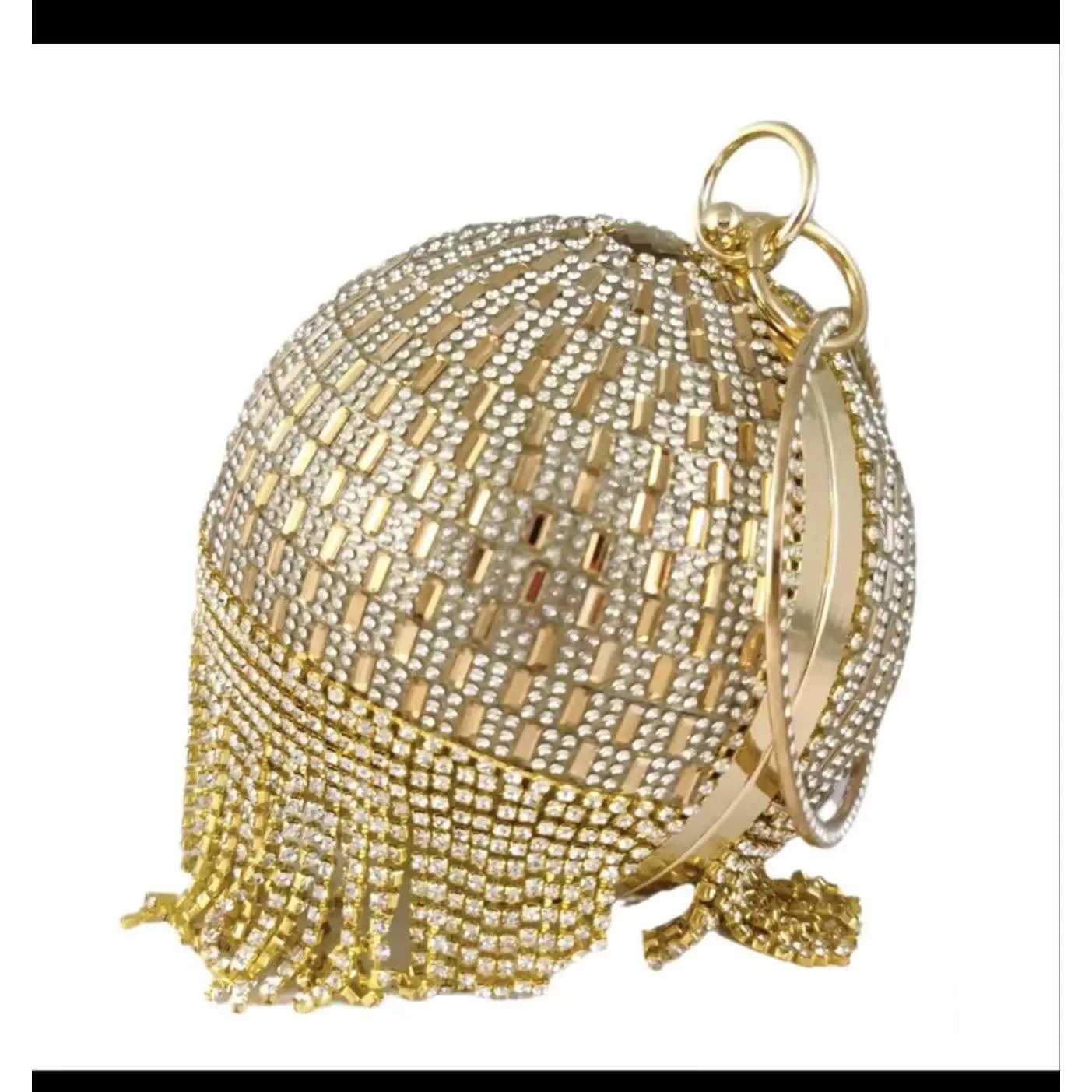 Gold Color Fringe Clutch Bag with Rhinestones and Chain Strap