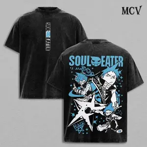 Soul Eater Vintage Washed Oversized T-Shirt Death Weapon Gothic Graphic Heavy Cotton Anime Tee For Men Women Y2K Streetwear Japanese Manga Merch Retro Acid Wash Top Anime Clothing Trendy TikTok Fashion Gift For Otaku Cosplay Fans Casual Harajuku Tops VXX