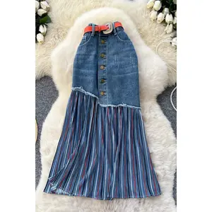 Striped Patchwork Denim Skirt
