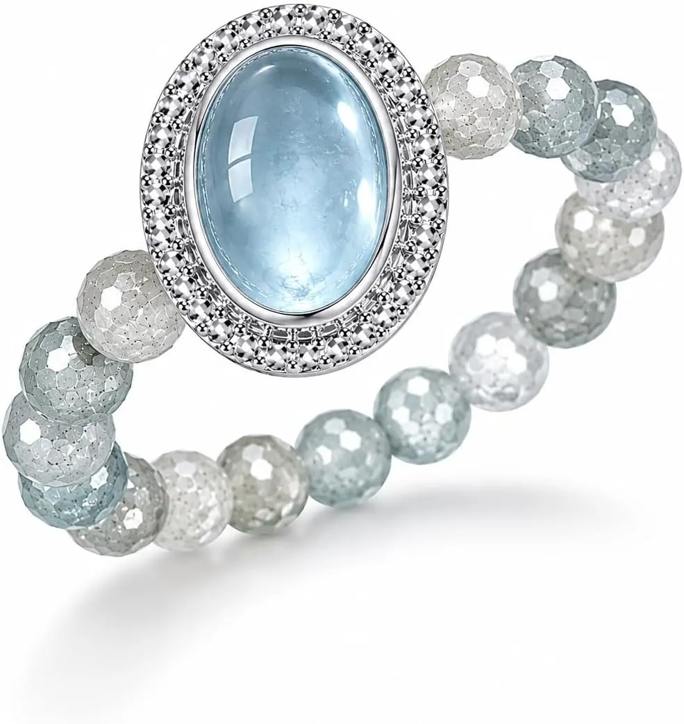 ANNIE WU Natural Aquamarine Beaded Ring for Women, Oval Aquamarine Gemstone with Faceted Tremolite Beads, Handmade Stretch Crystal Ring, Adjustable Stackable Jewelry Gift